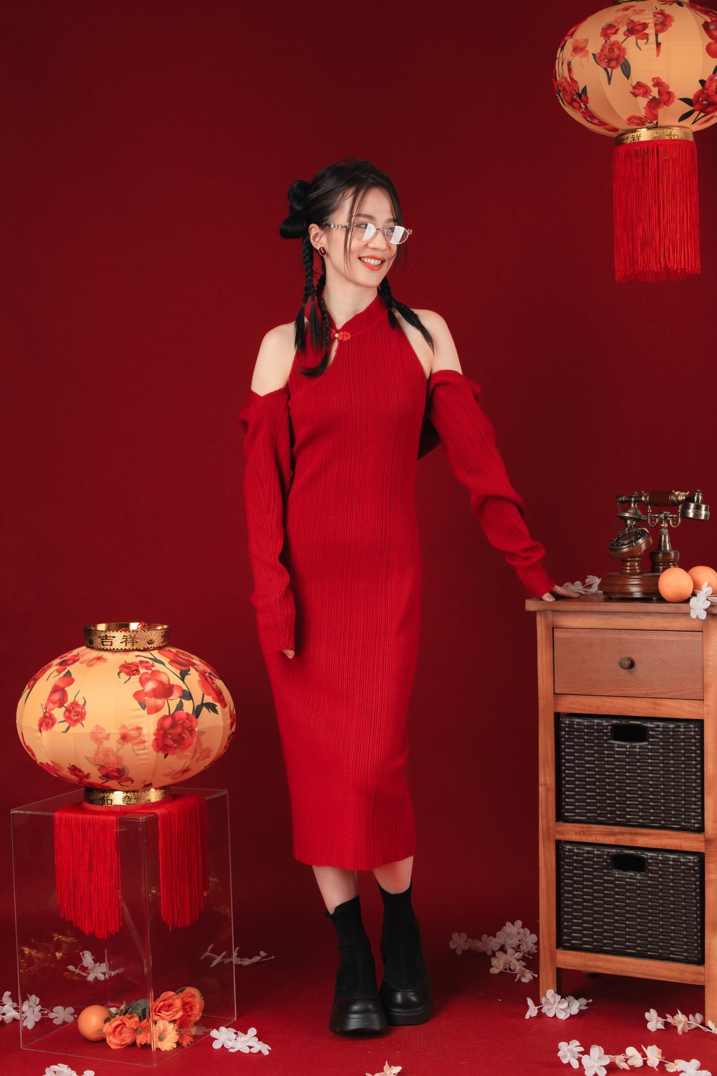 Liora Knit Mandarin Two-Piece Dress in Red (In-Stock)