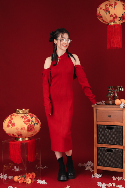 Liora Knit Mandarin Two-Piece Dress in Red (In-Stock)