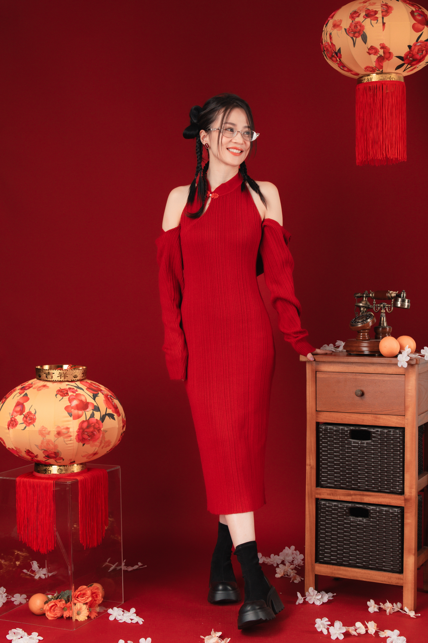 Liora Knit Mandarin Two-Piece Dress in Red (In-Stock)