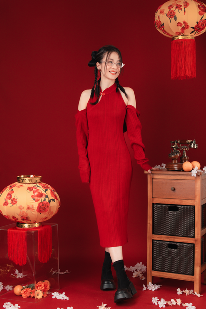 Liora Knit Mandarin Two-Piece Dress in Red (In-Stock)