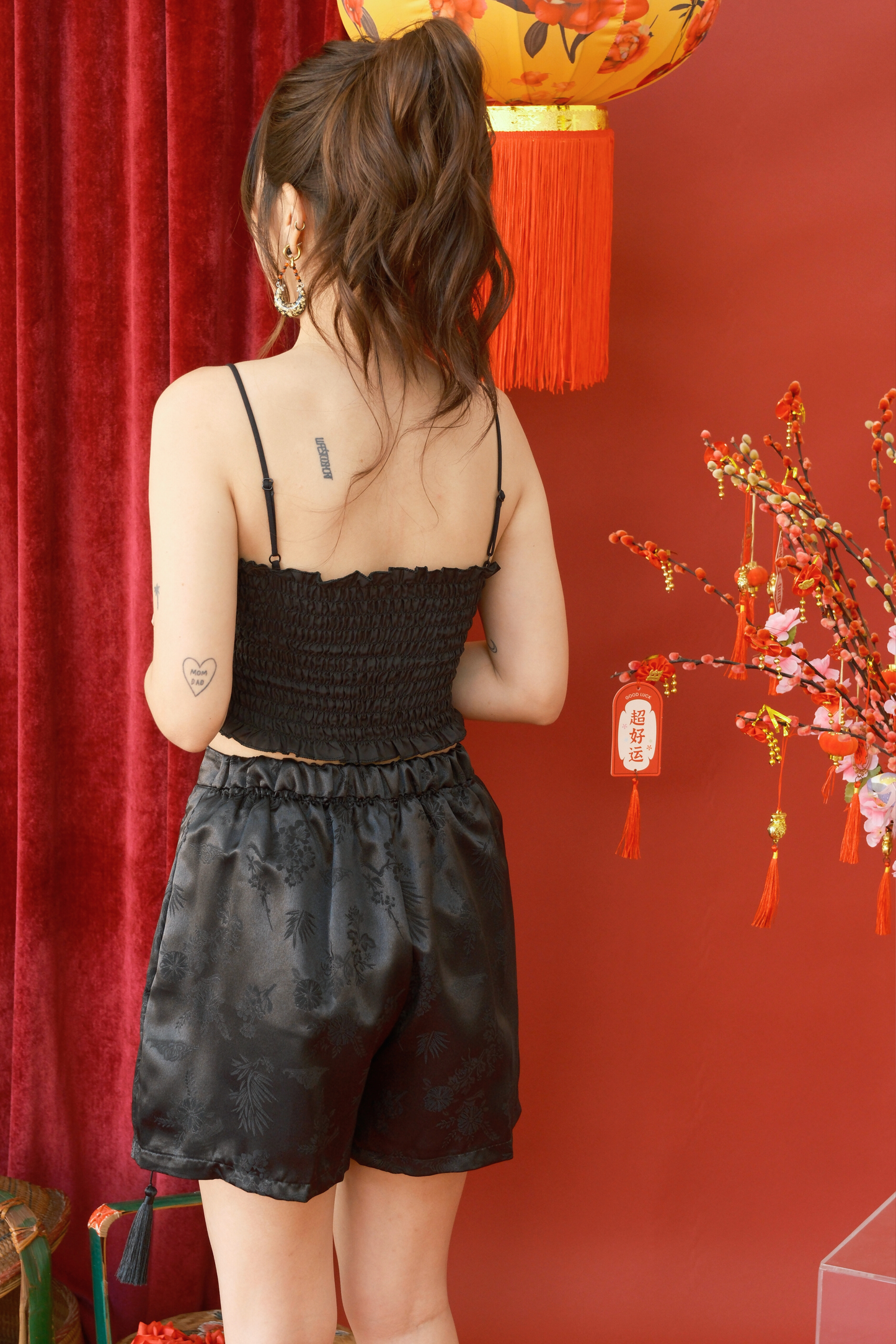 Lotus Silk Jacquard Tassel Shorts in Black (In-Stock)