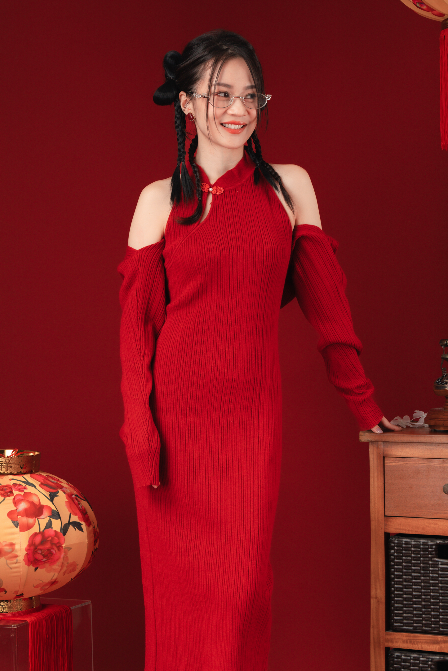 Liora Knit Mandarin Two-Piece Dress in Red (In-Stock)