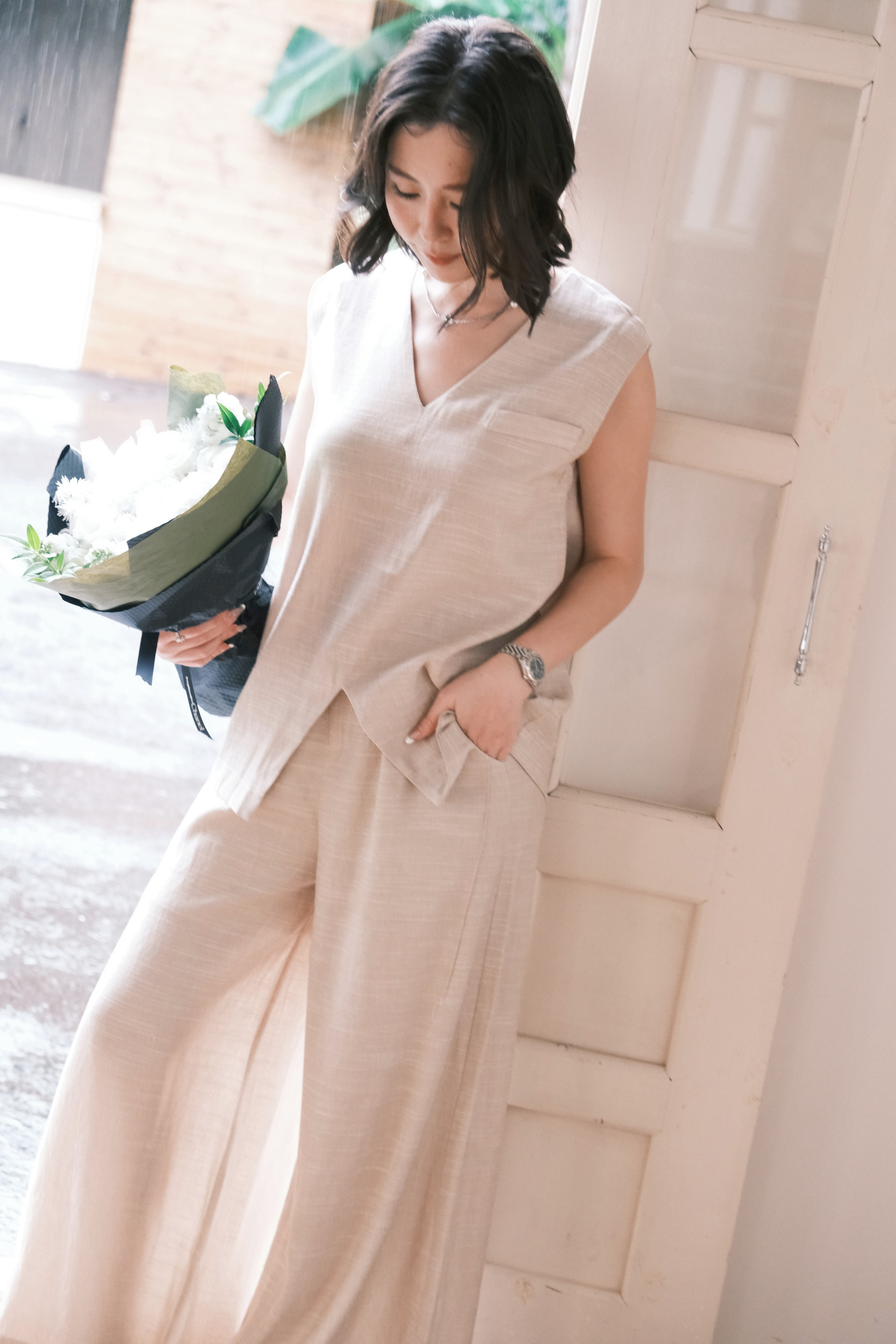 Lunelle Linen Layered Set in Light Khaki