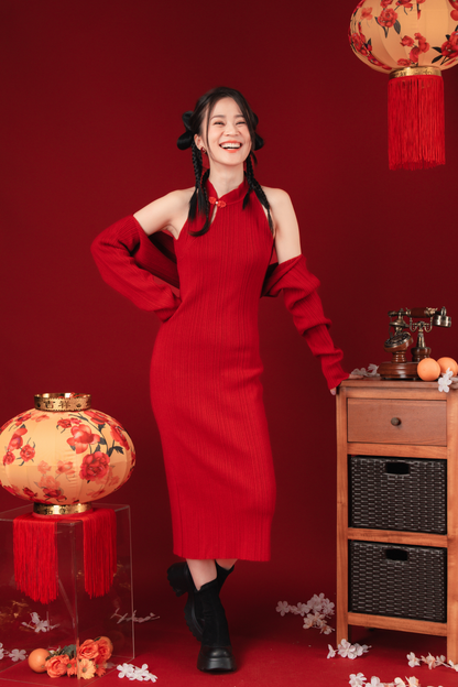 Liora Knit Mandarin Two-Piece Dress in Red (In-Stock)