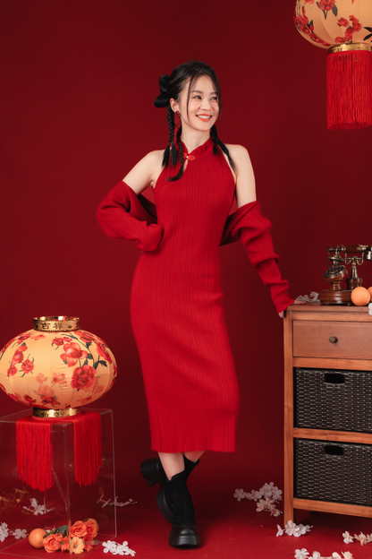 Liora Knit Mandarin Two-Piece Dress in Red (In-Stock)