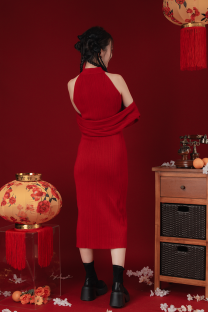 Liora Knit Mandarin Two-Piece Dress in Red (In-Stock)