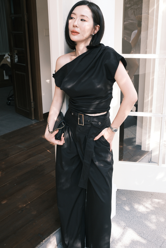 Aveline Drape Top & Wide-Leg Trousers Set in Black
