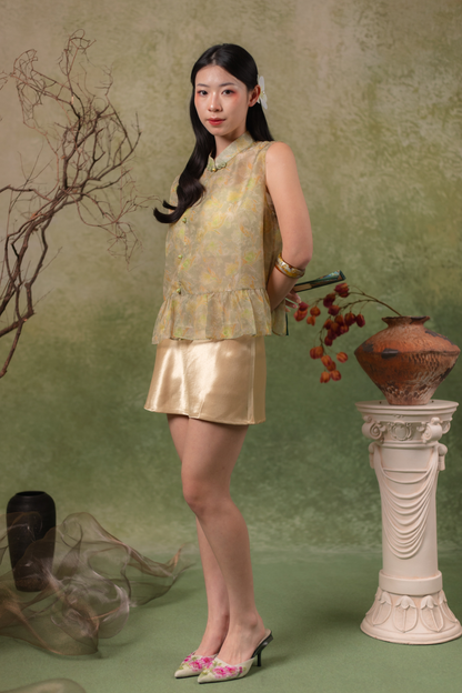Dusk Vine Sleeveless Cheongsam Top in Green