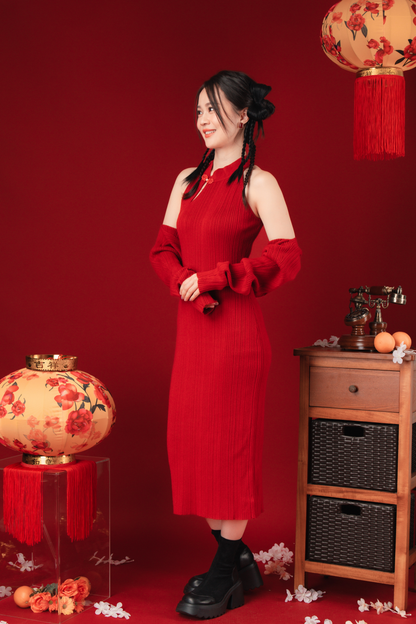 Liora Knit Mandarin Two-Piece Dress in Red (In-Stock)