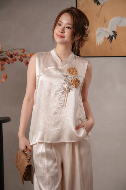 Nora Golden Cheongsam Top & Pants Set in Champagne