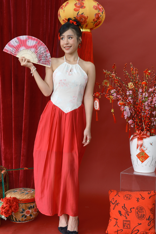 Camellia Veil Halter Cheongsam Gown