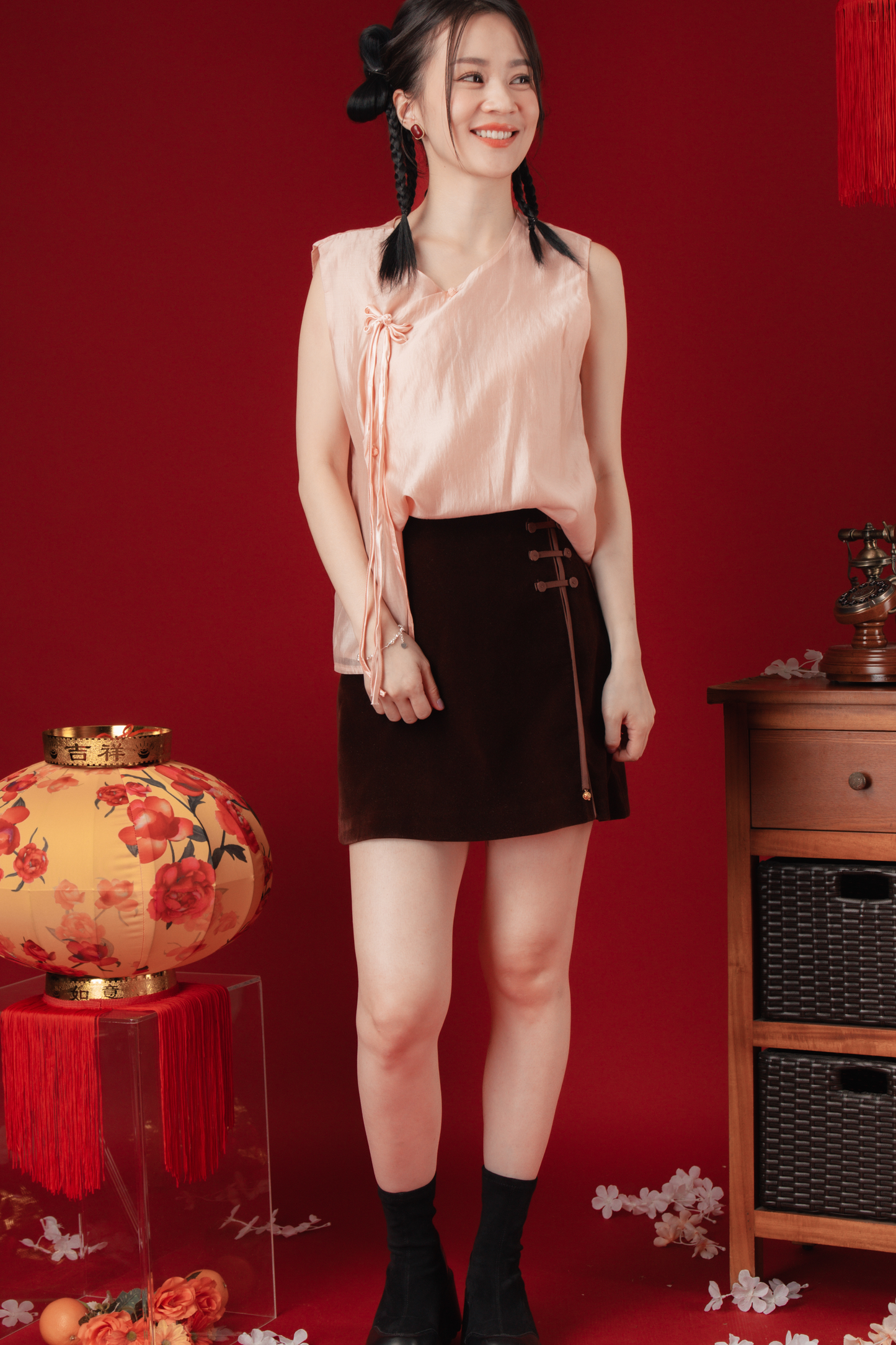 Velvet Ribbon-Panels High-Waist Cheongsam Mini Skirt