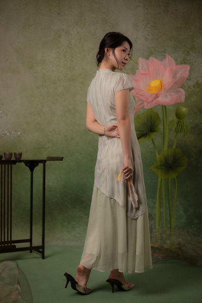 Jade Mist Layered Cheongsam Dress in Sage