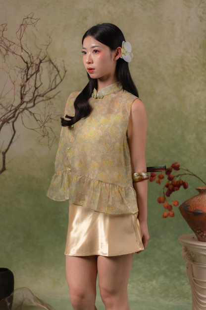 Dusk Vine Sleeveless Cheongsam Top in Green