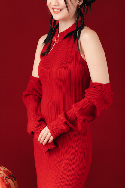 Liora Knit Mandarin Two-Piece Dress in Red (In-Stock)