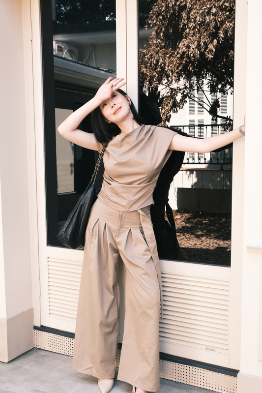 Aveline Drape Top & Wide-Leg Trousers Set in Khaki