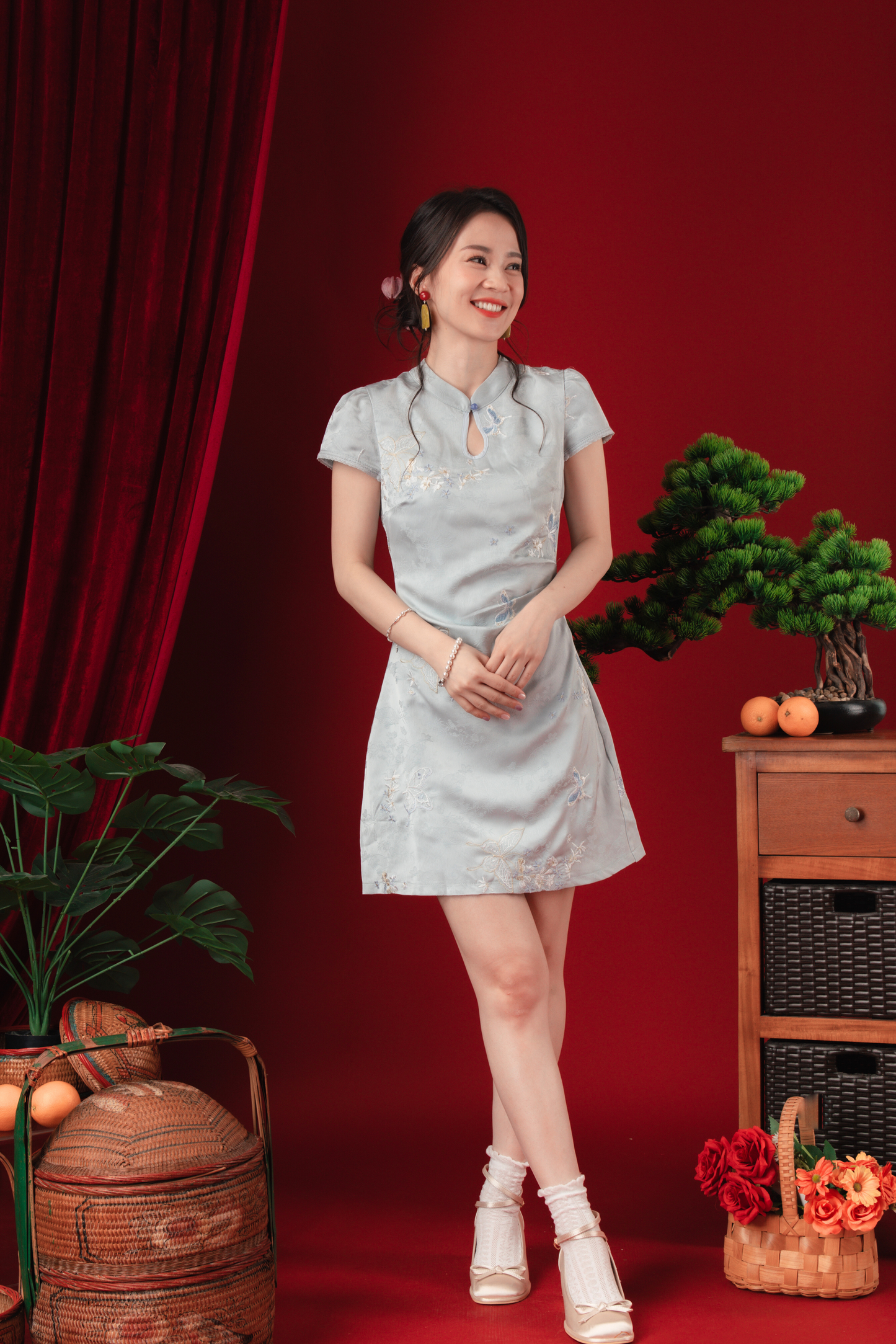 Ariel Frost-Blossom Cheongsam Mini Dress (In-Stock)