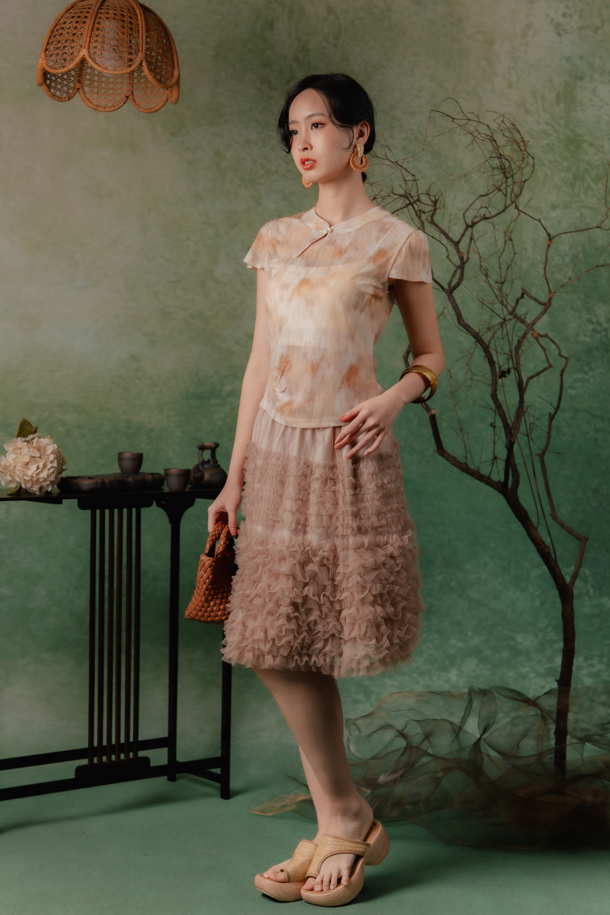 Mathilde Tiered Ruffle Skirt in Beige