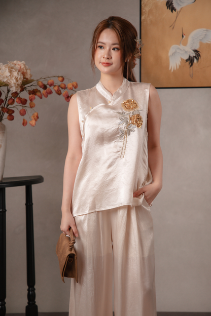 Nora Golden Cheongsam Top & Pants Set in Champagne