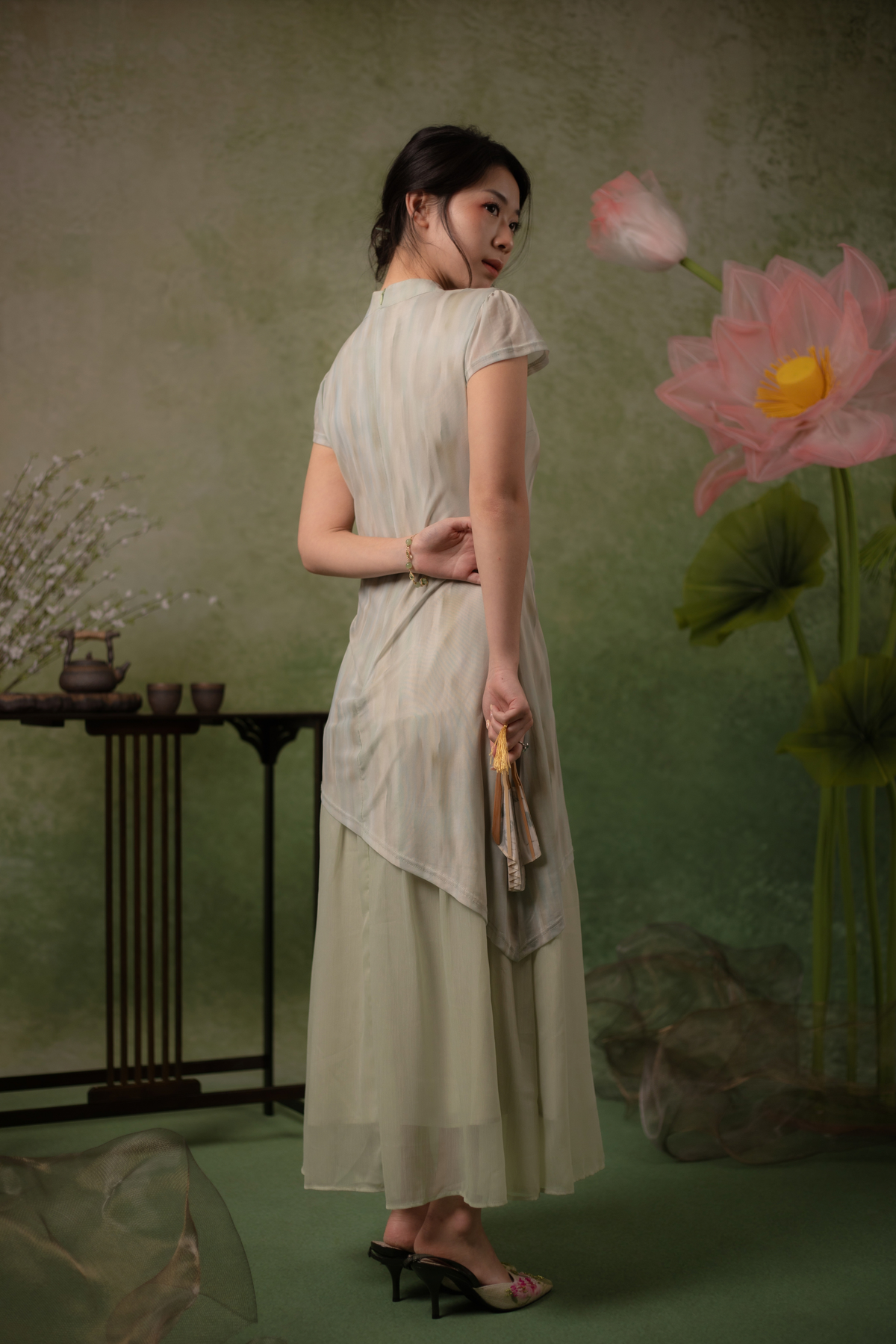 Jade Mist Layered Cheongsam Dress in Sage