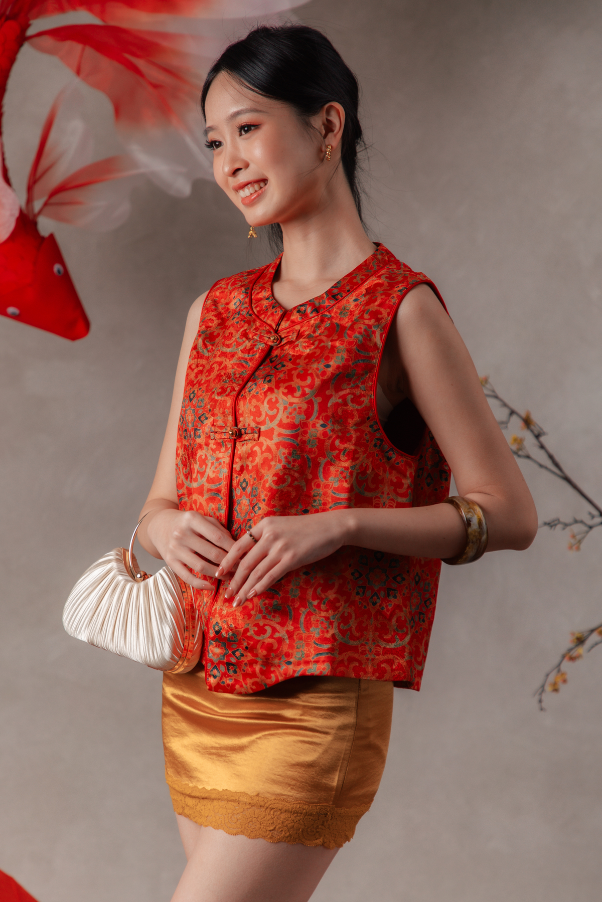 Maelle Lattice Cheongsam Vest in Red Gold