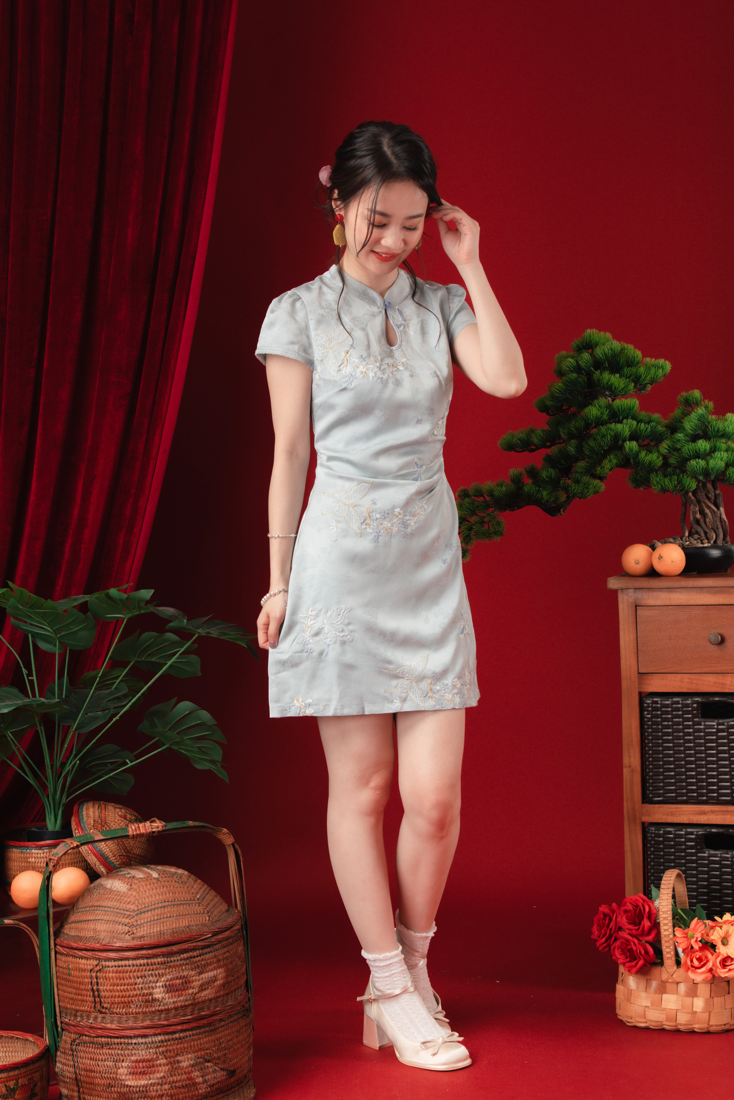 Ariel Frost-Blossom Cheongsam Mini Dress (In-Stock)