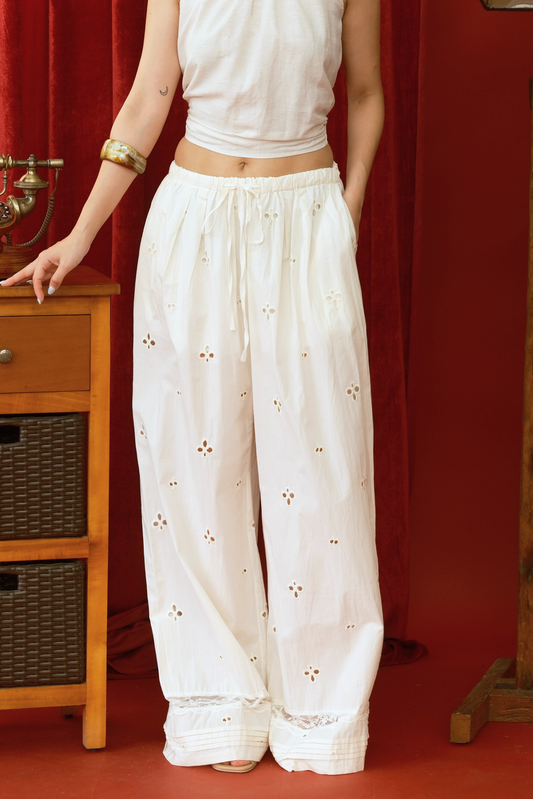Embroidered Linen Wide-Leg Drawstring Pants (In-Stock)