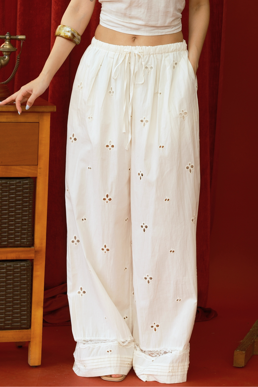 Embroidered Linen Wide-Leg Drawstring Pants (In-Stock)