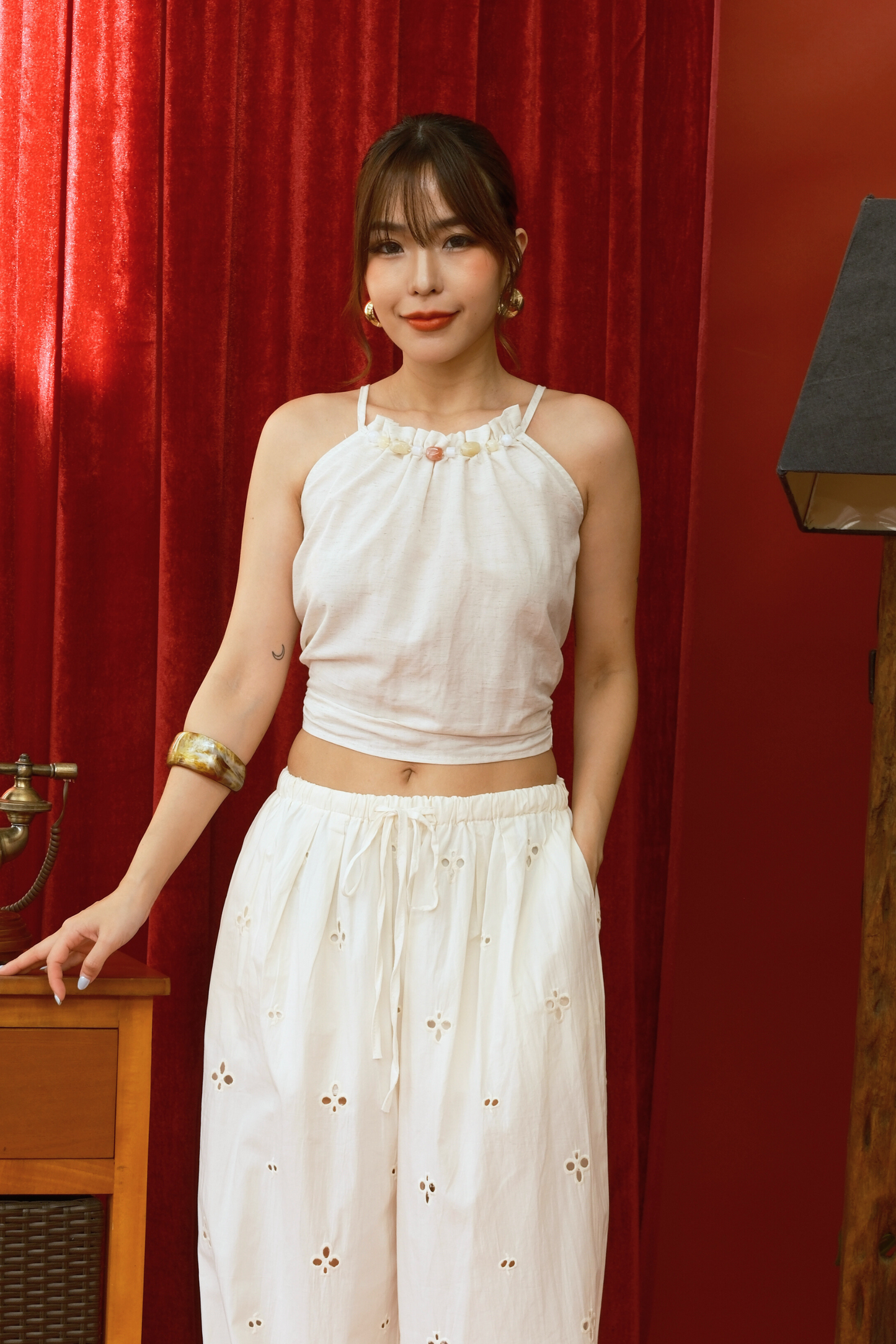 Bohemian Lace-Trimmed Cropped Halter Top  (In-Stock)