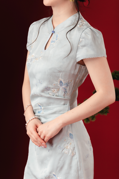 Ariel Frost-Blossom Cheongsam Mini Dress (In-Stock)