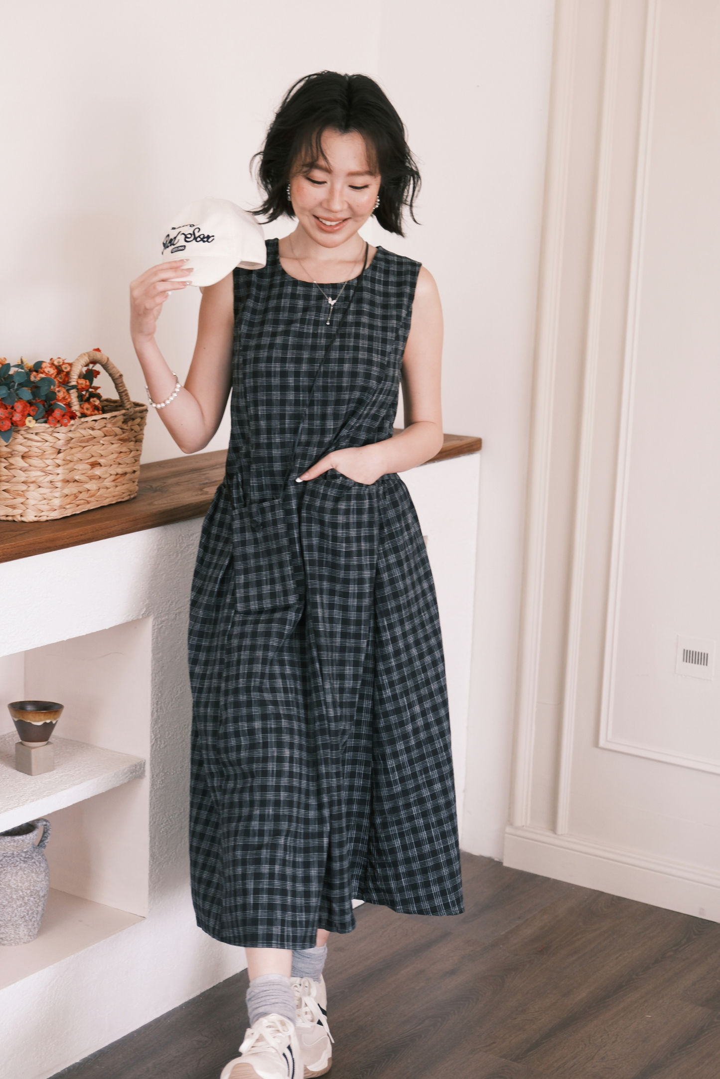 Elodie Plaid Midi Dress in Black