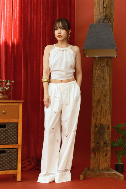 Embroidered Linen Wide-Leg Drawstring Pants (In-Stock)