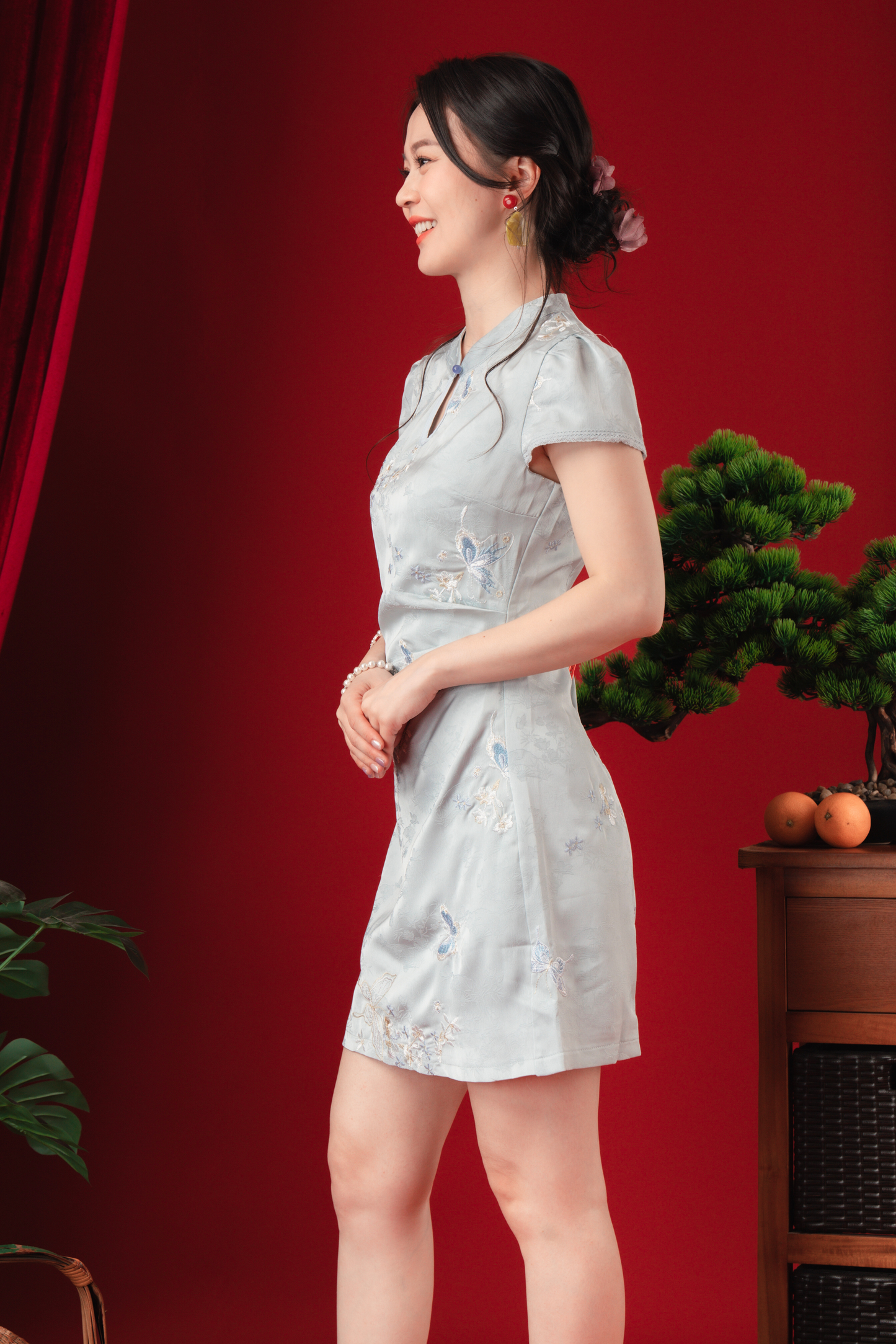 Ariel Frost-Blossom Cheongsam Mini Dress (In-Stock)
