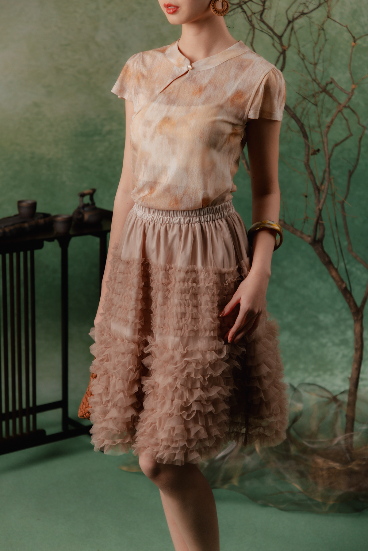 Mathilde Tiered Ruffle Skirt in Beige
