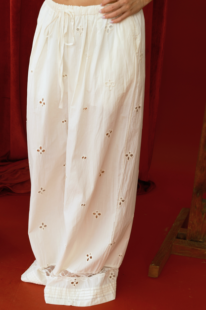 Embroidered Linen Wide-Leg Drawstring Pants (In-Stock)