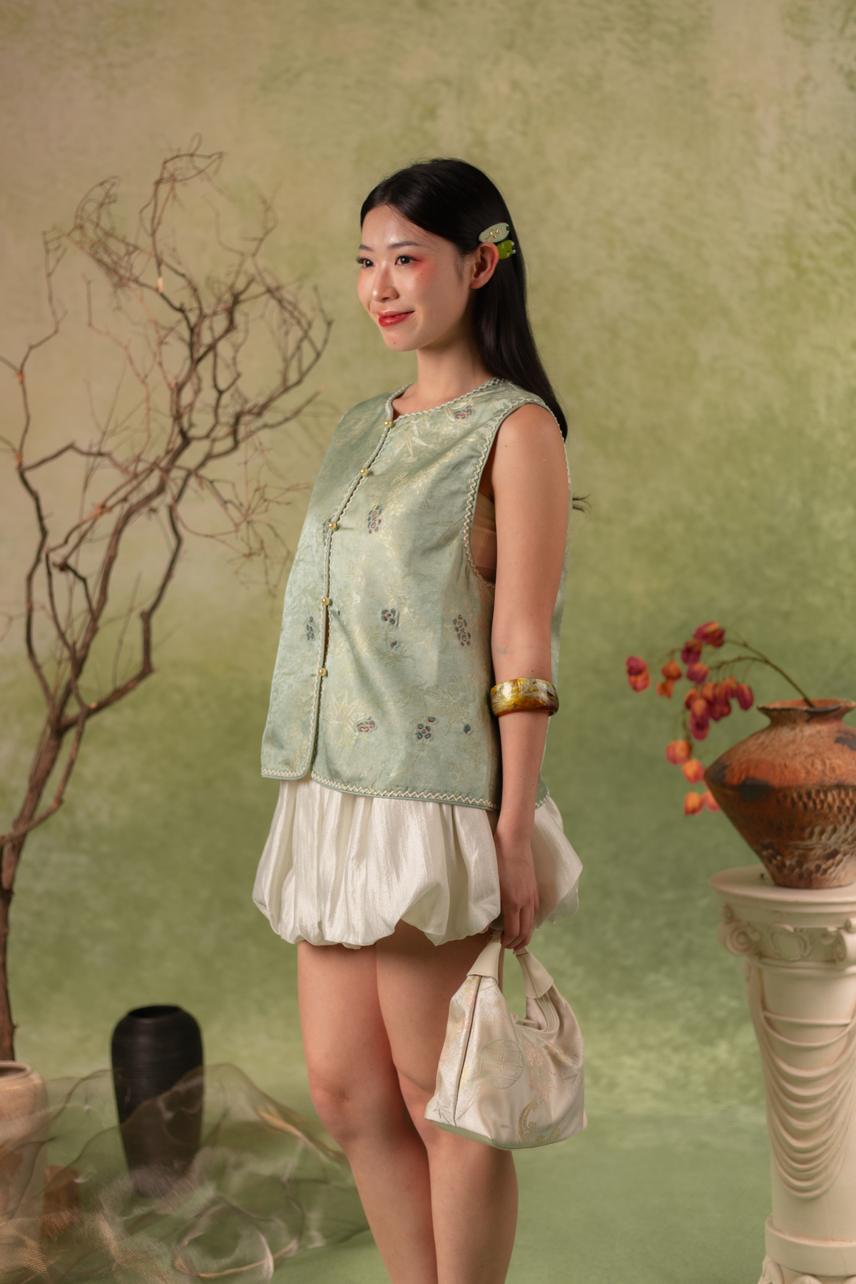 Pearl Puff Bubble Mini Skirt in Ivory