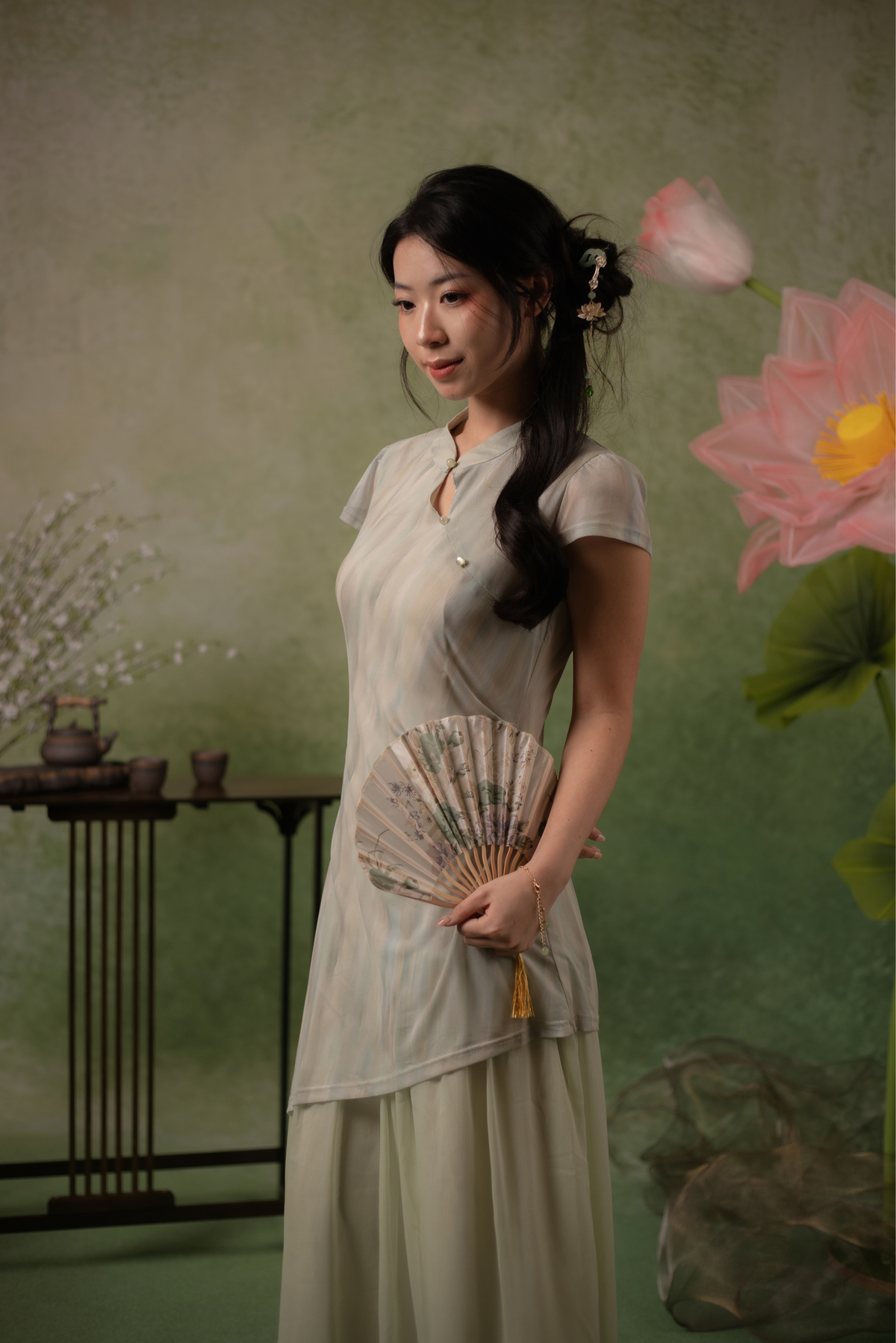 Jade Mist Layered Cheongsam Dress in Sage