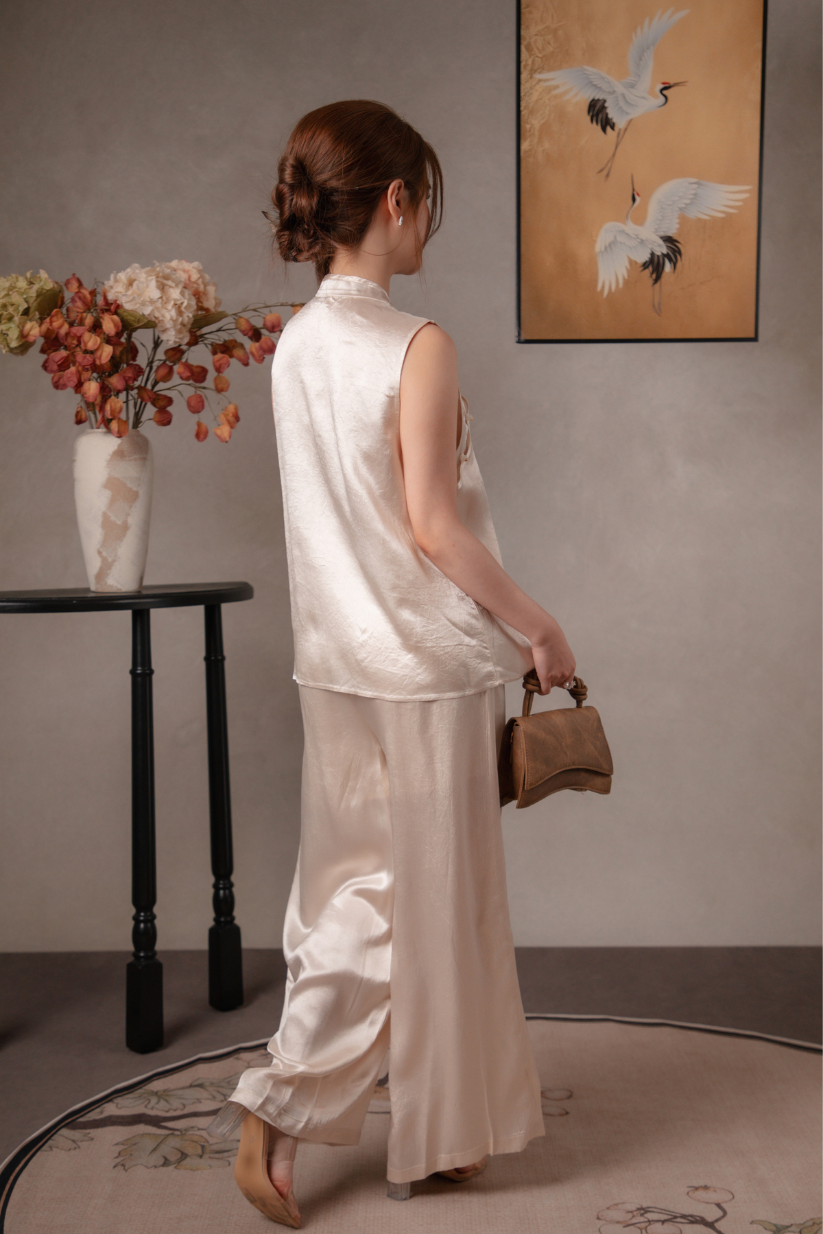 Nora Golden Cheongsam Top & Pants Set in Champagne
