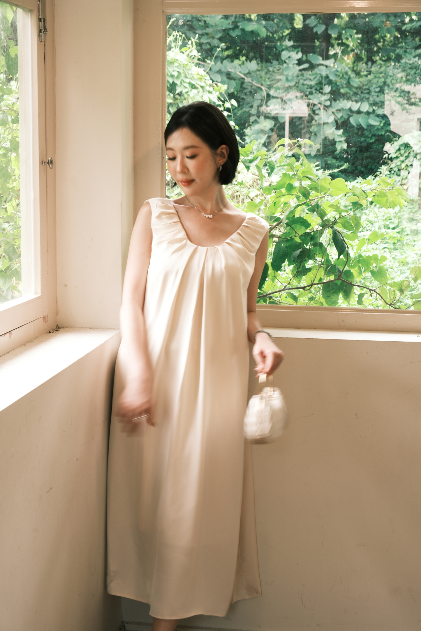 Lumière Ruched Satin Slip Dress in Beige