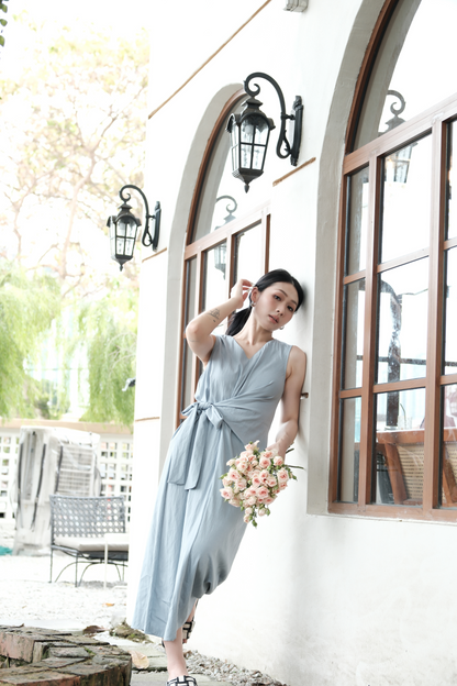 Élise Draped Side-Tie Maxi Dress in Light Blue
