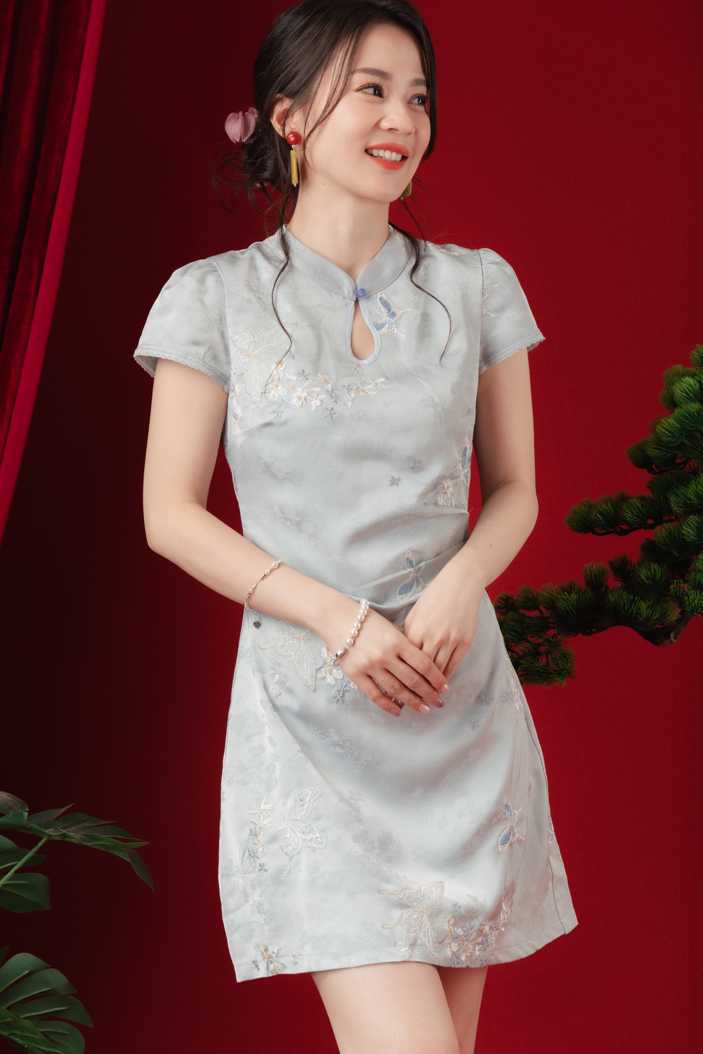 Ariel Frost-Blossom Cheongsam Mini Dress (In-Stock)