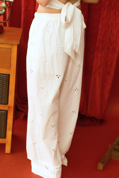 Embroidered Linen Wide-Leg Drawstring Pants (In-Stock)