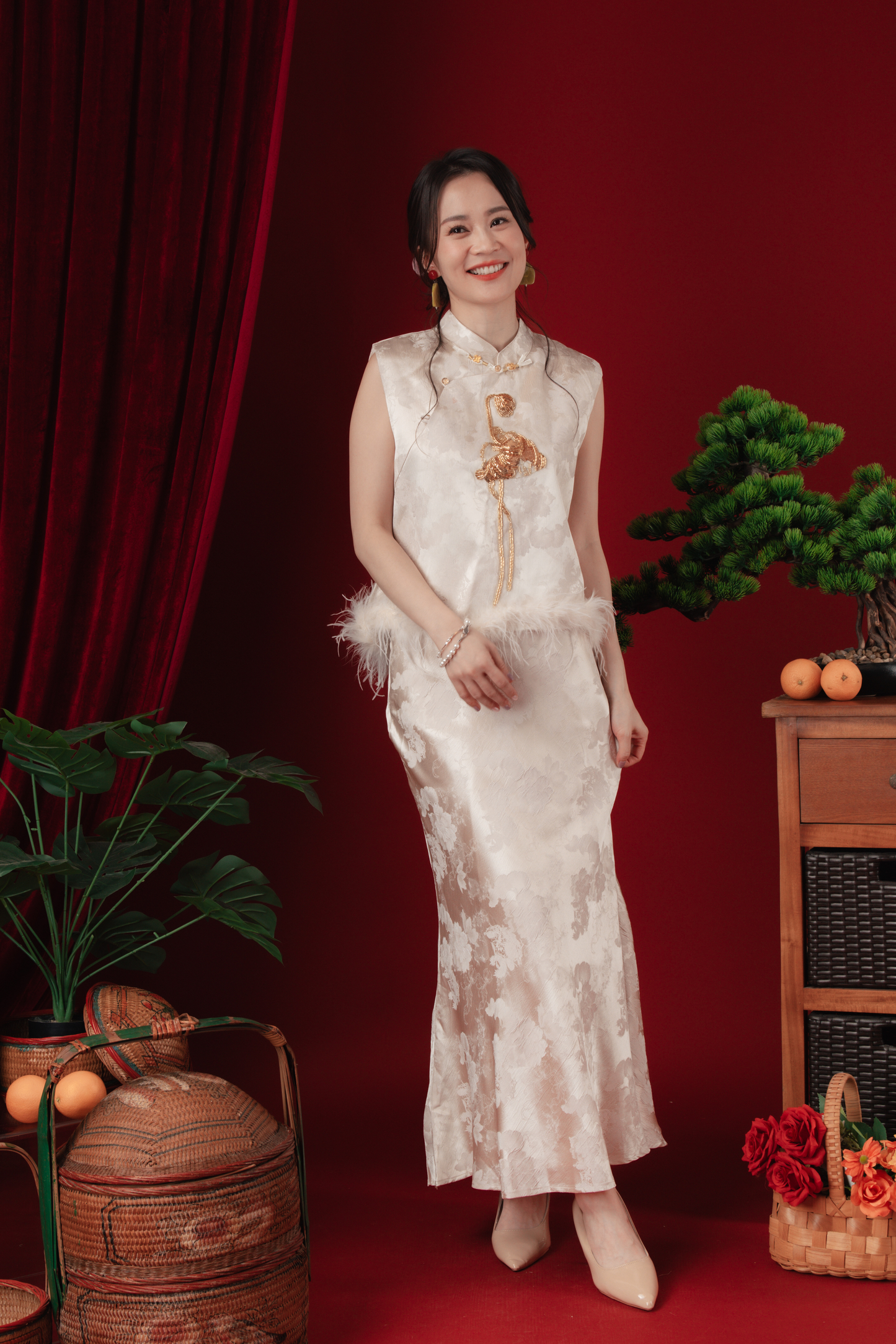 Celeste Feather-Trace Brocade Cheongsam Set