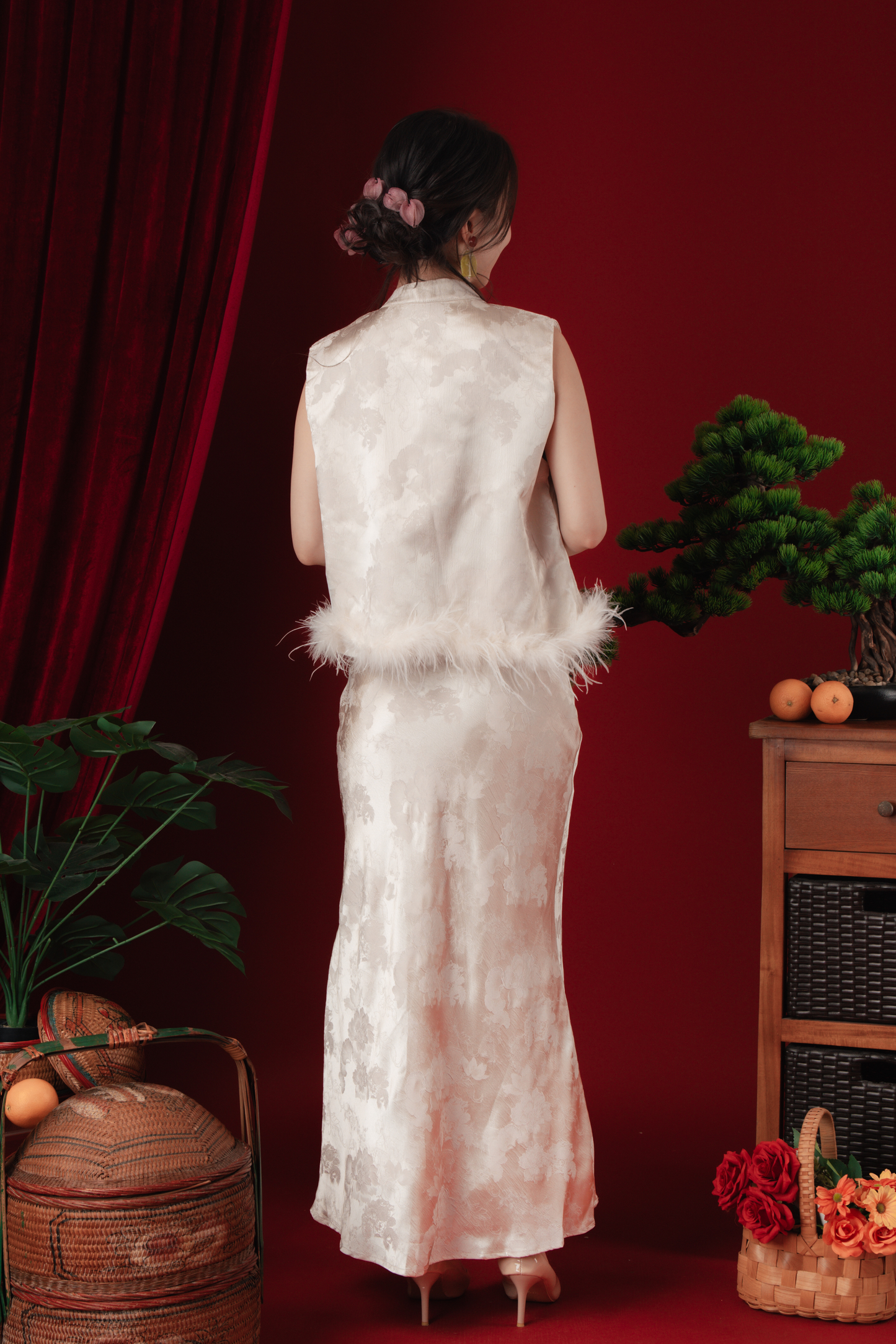 Celeste Feather-Trace Brocade Cheongsam Set