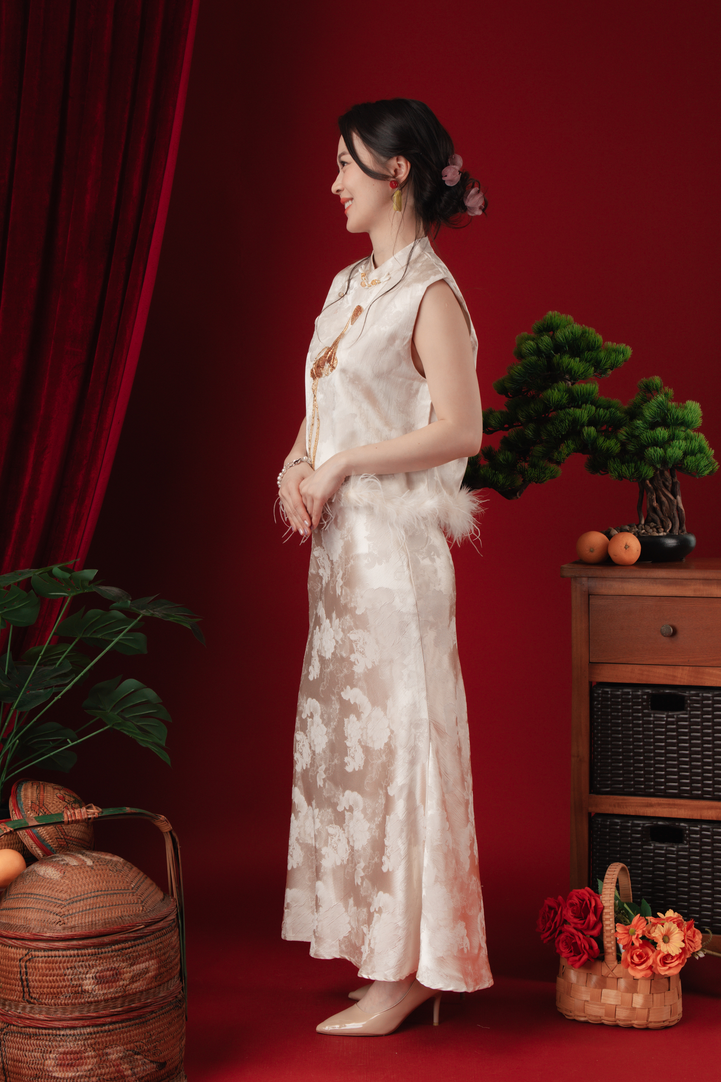 Celeste Feather-Trace Brocade Cheongsam Set