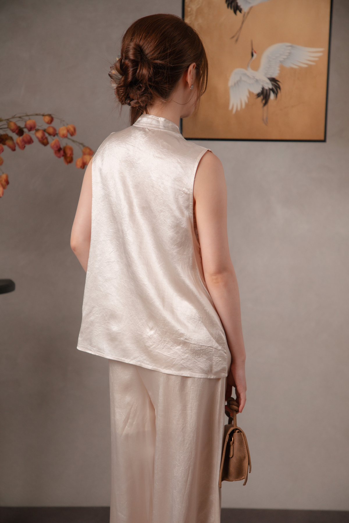 Nora Golden Cheongsam Top & Pants Set in Champagne