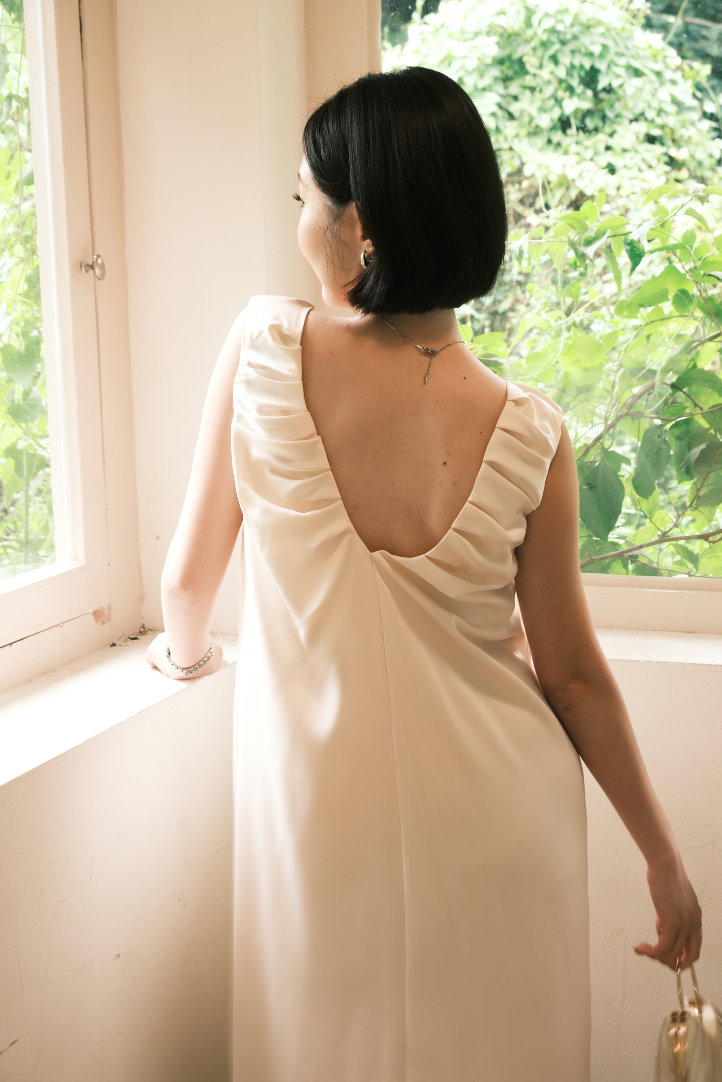 Lumière Ruched Satin Slip Dress in Beige