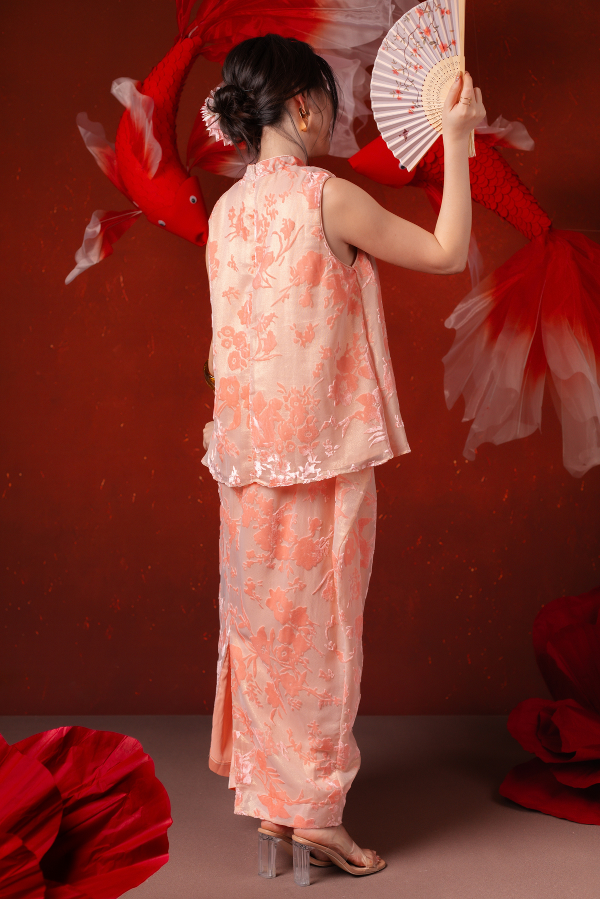 Celia Silver Blossom Cheongsam Top in Blush Pink