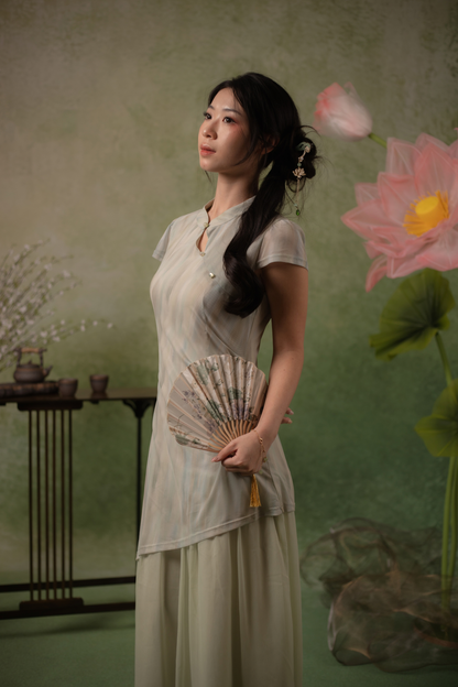 Jade Mist Layered Cheongsam Dress in Sage