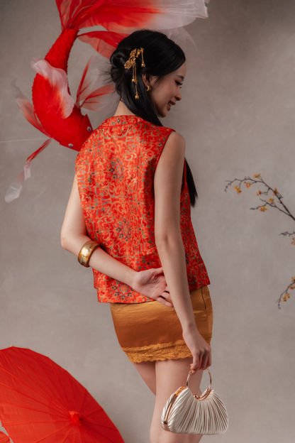 Maelle Lattice Cheongsam Vest in Red Gold